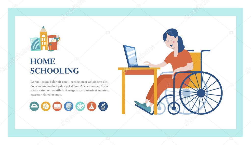 Home schooling. The girl is a disabled person in a wheelchair gets his education at home. The template of the landing page. Learning online. Vector illustration. The concept of homeschoolin