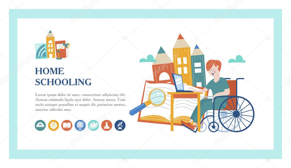 Home schooling. The boy is a disabled person in a wheelchair gets his education at home. Learning online. Vector illustration. The template of the landing page. The concept of homeschoolinn.