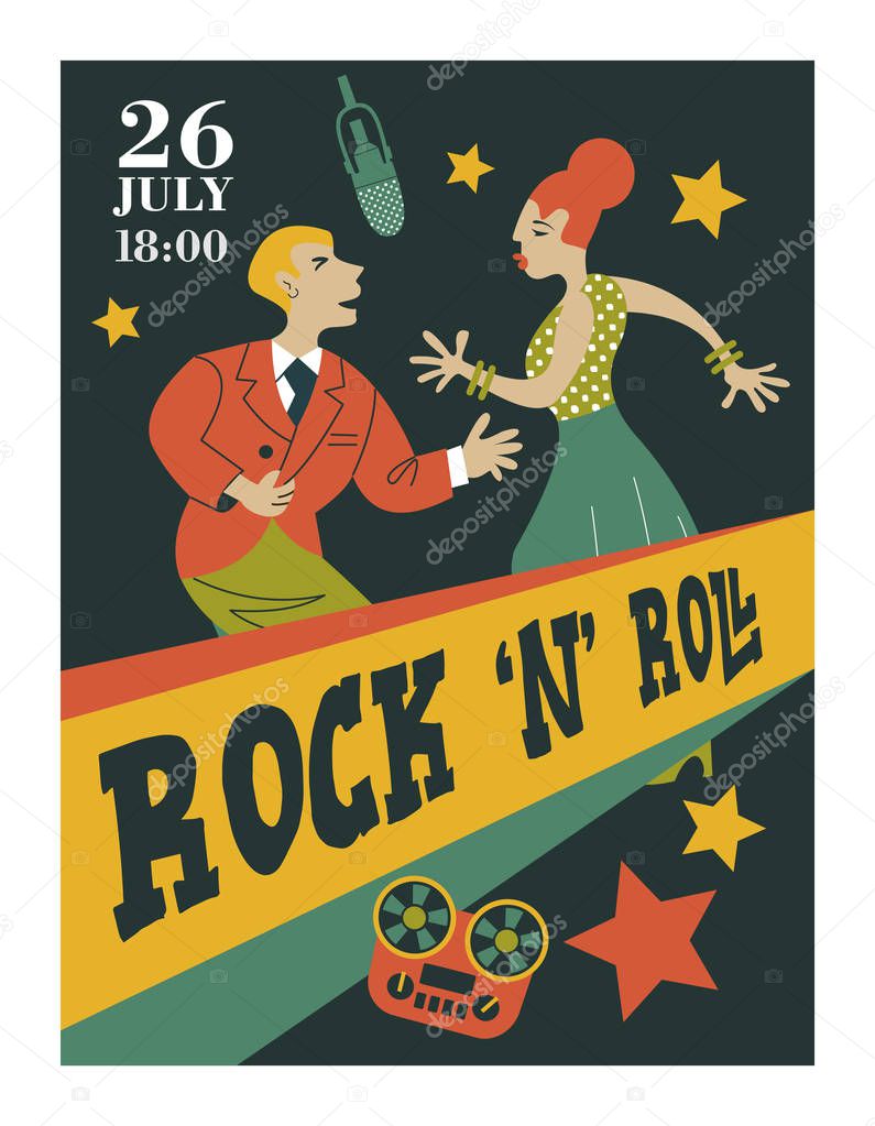 Poster music festival, retro party in the style of the 70's, 80's. Couple dancing rock and roll. Vector illustration.