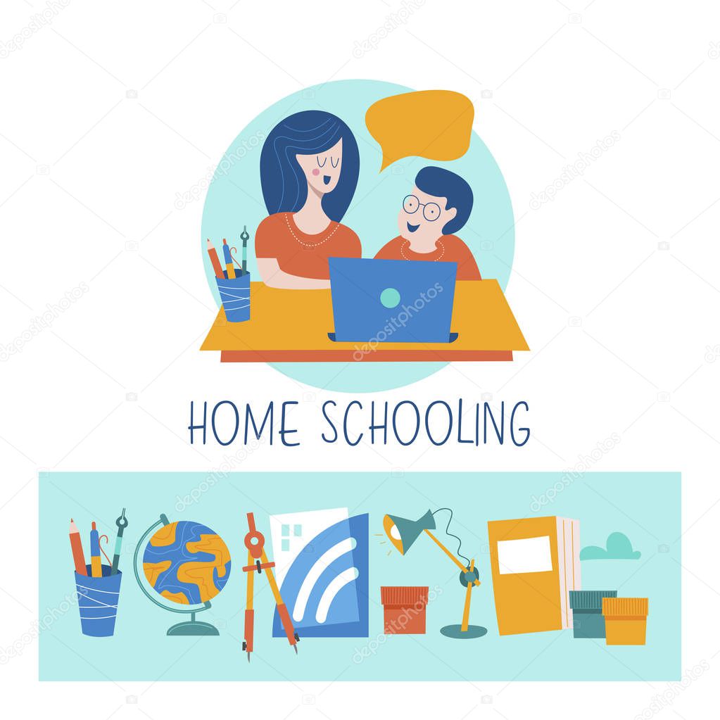 Home schooling. Mom helps the child learn. Education in comfortable conditions. Set of vector icons. Vector illustration in flat style.