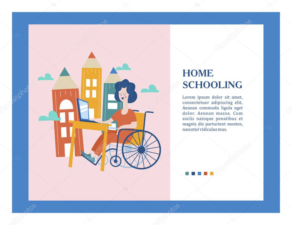 Home schooling. The girl is a disabled person in a wheelchair gets his education at home. Learning online. Vector illustration. The concept of homeschoolin