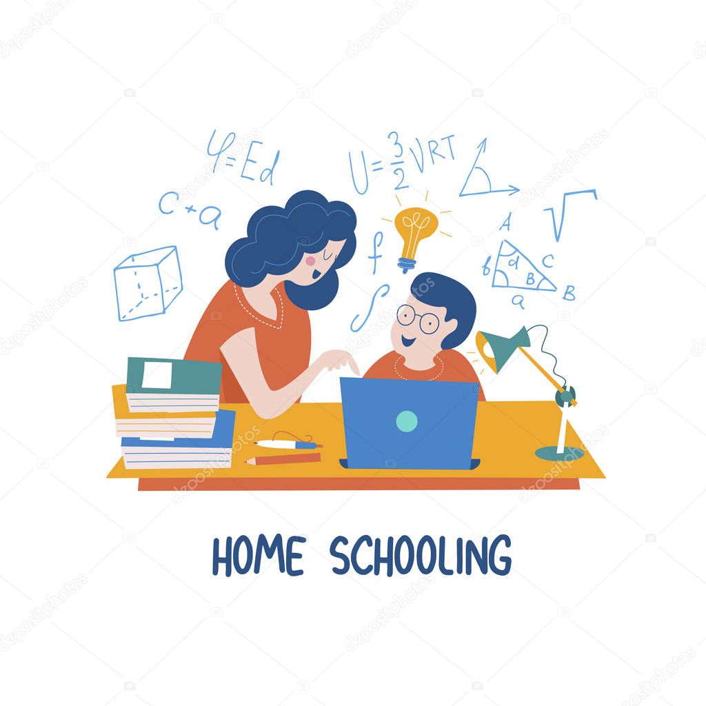 Home schooling. Mom helps the child learn. Education in comfortable conditions. Vector illustration in flat style.