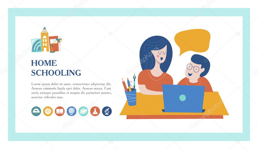 Home schooling. Mom helps the child learn. Education in comfortable conditions. The template of the landing page. Vector illustration in flat style. Set of vector icons.