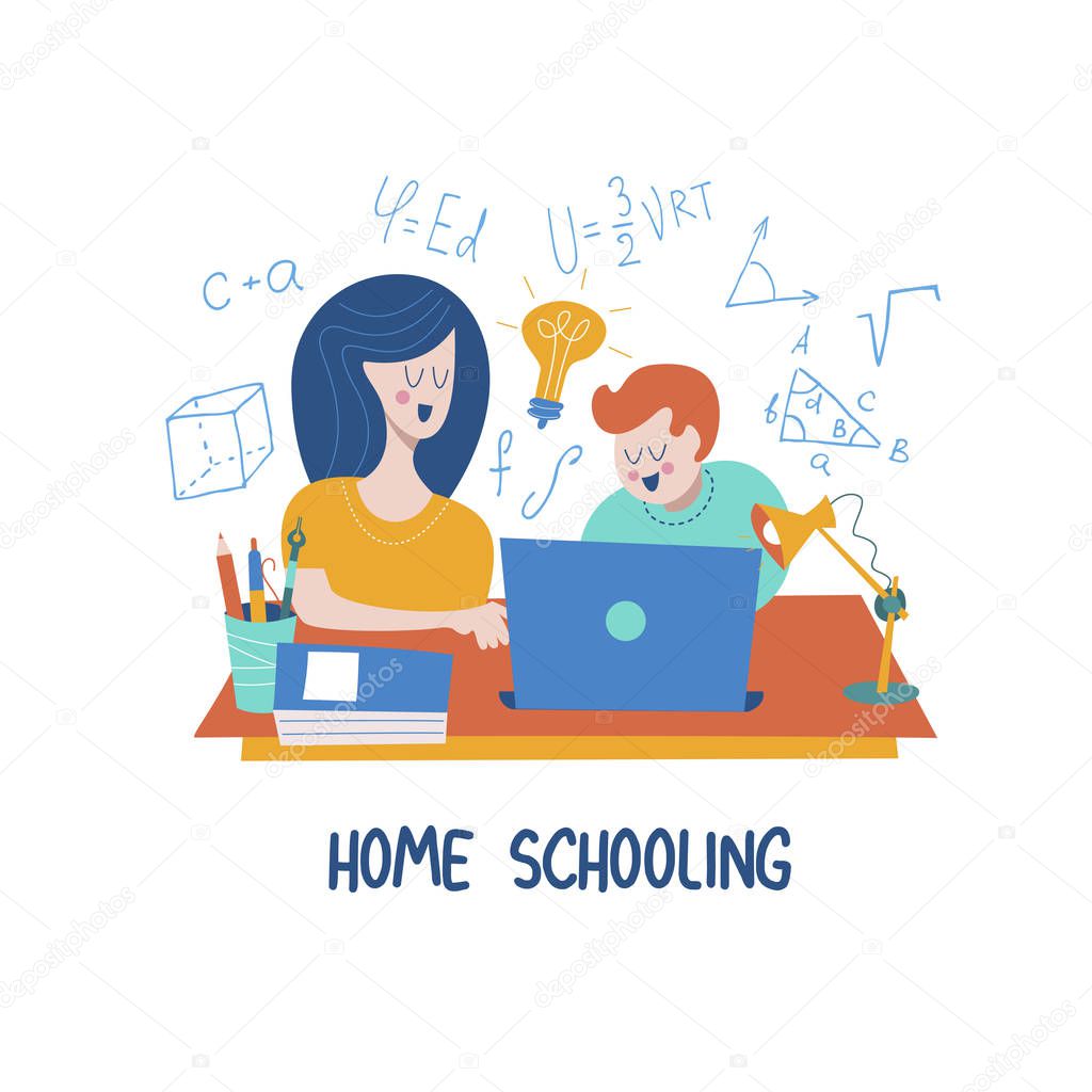 Home schooling. Mom helps the child learn. Education in comfortable conditions. Vector illustration in flat style.