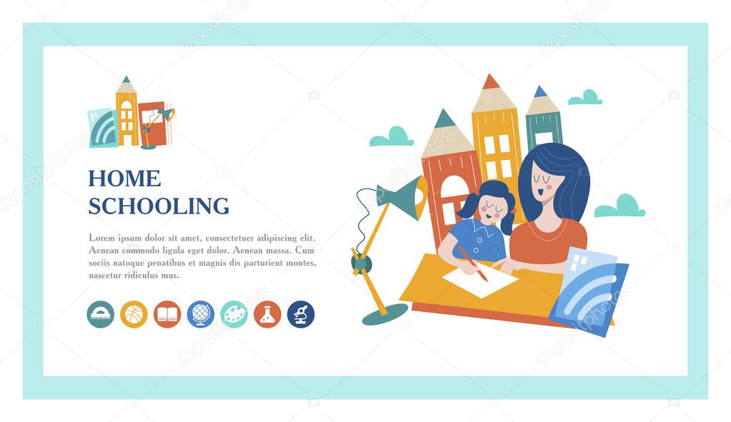 Home schooling. Mom helps the child learn. Education in comfortable conditions. The template of the landing page. Vector illustration in flat style. Set of vector icons.