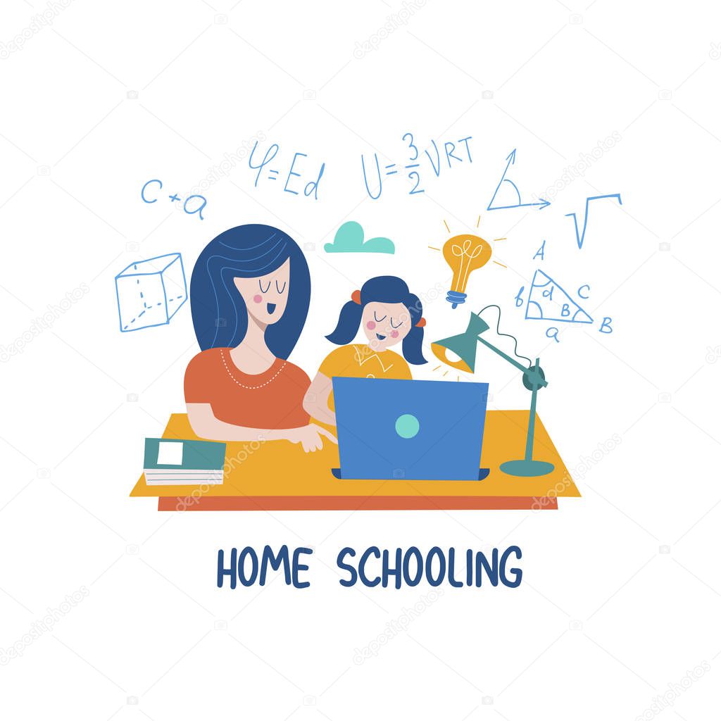 Home schooling. Mom helps the child learn. Education in comfortable conditions. Vector illustration in flat style.