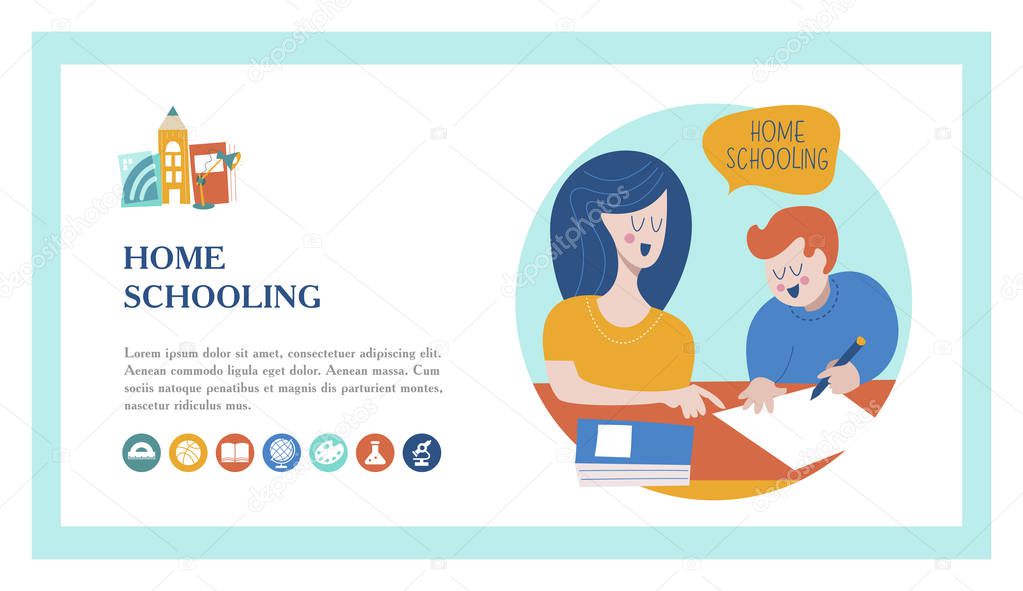 Home schooling. Mom helps the child learn. Education in comfortable conditions. The template of the landing page. Vector illustration in flat style. Set of vector icons.