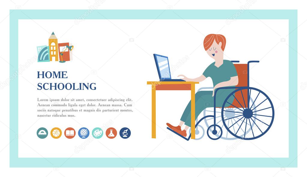 Home schooling. The boy is a disabled person in a wheelchair gets his education at home. Learning online. Vector illustration. The template of the landing page. The concept of homeschoolinn.