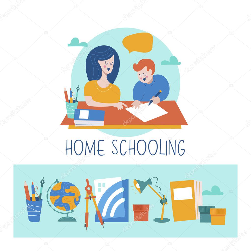 Home schooling. Mom helps the child learn. Education in comfortable conditions. Set of vector icons. Vector illustration in flat style.