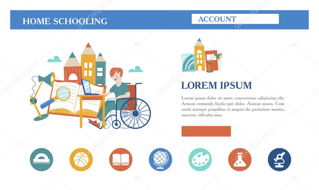 Home schooling. The boy is a disabled person in a wheelchair gets his education at home. Learning online. Vector illustration. The template of the landing page. The concept of homeschoolinn.