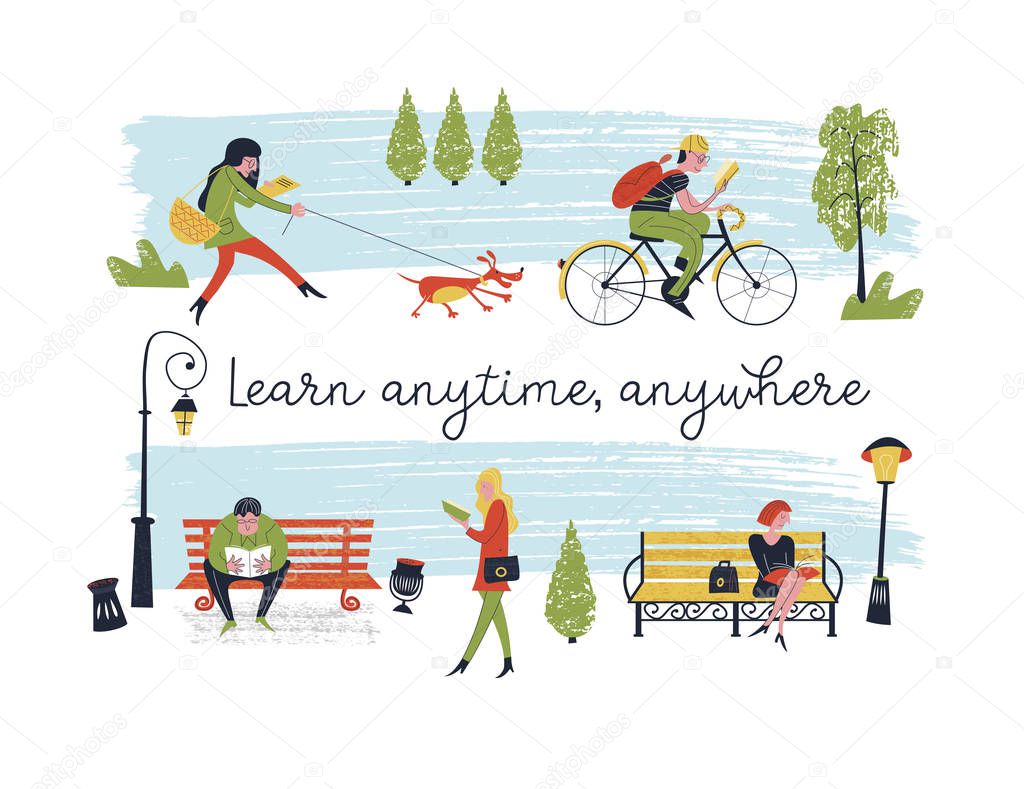 Learn anytime anywhere. Vector illustration. A set of vector characters, men and women who read books and textbooks in different places. In the Park, walking the dog, Cycling, public transport people are reading and learning.