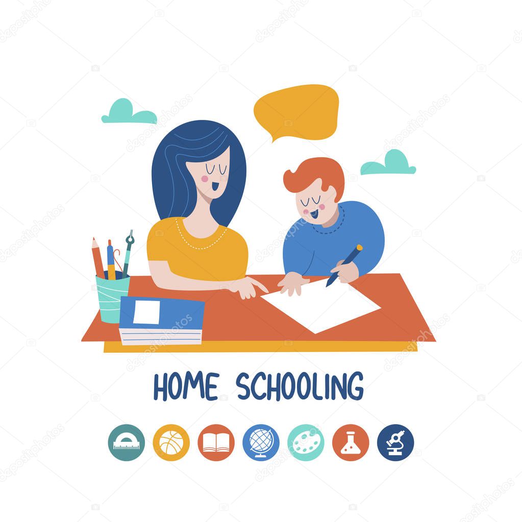 Home schooling. Mom helps the child learn. Education in comfortable conditions. Set of vector icons. Vector illustration in flat style.