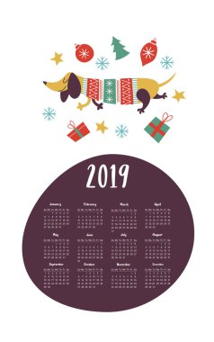 Vektör takvimi şablonunu 2019. Şirin komik Dachshund köpek örme kazak giyiyor. Yılbaşı süsleri ve hediyeleri. Yeni yıl çizim.
