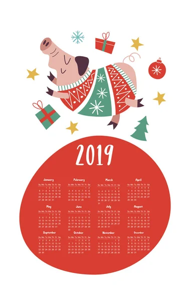 ベクトル カレンダー テンプレート 2019 ニットのセーター クリスマスの飾りやプレゼントにかわいいブタ 2019年のシンボル — ストックベクタ
