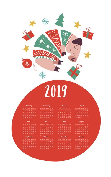 Plantilla Calendario Vectorial 2019 Lindo Cerdo Suéter Punto Decoraciones Navidad — Archivo Imágenes Vectoriales