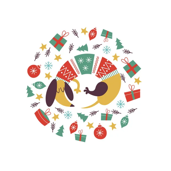 可爱的狗品种达克顺德穿着一件明亮的针织毛衣 圣诞作文狗和圣诞玩具 构图是以圆圈的形式制作的 明信片上都很好看 — 图库矢量图片