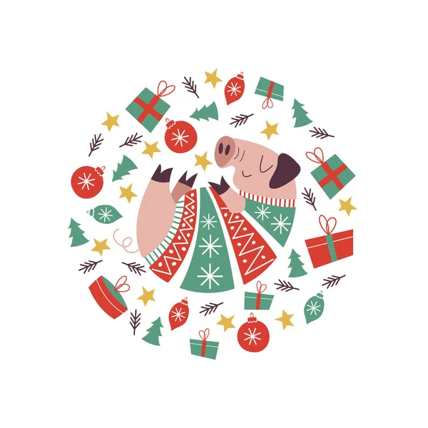 有趣的猪在温暖的一件鲜艳的毛衣 2019年的符号 以圆圈形式的原创构图 腮腺炎和圣诞装饰品 圣诞礼物 插图在明信片和杯子上会很好看 — 图库矢量图片