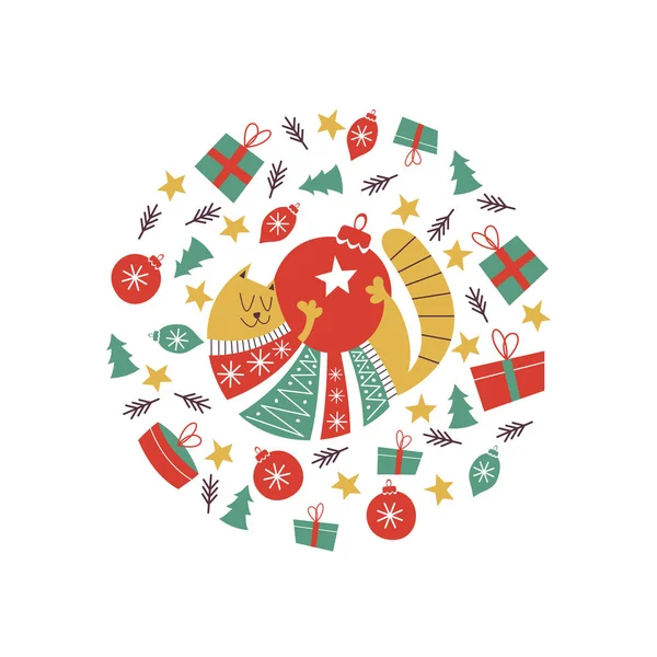 可爱的肥猫在一个五颜六色的针织毛衣 圣诞节的作文以圆圈的形式出现 猫和圣诞节的装饰品 插图在明信片和杯子上会很好看 — 图库矢量图片