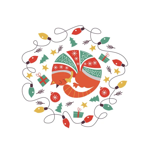 Милый Толстый Кот Разноцветном Трикотажном Свитере Рождественская Композиция Виде Круга — стоковый вектор
