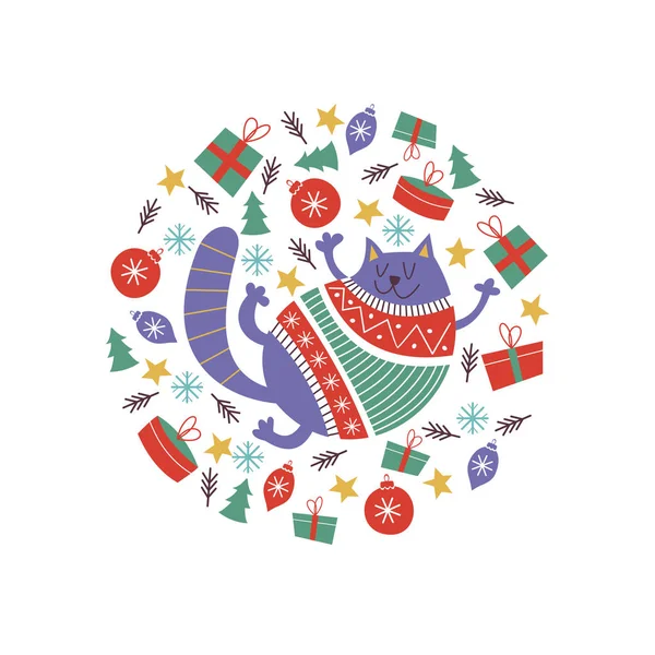 Милый Толстый Кот Разноцветном Трикотажном Свитере Рождественская Композиция Виде Круга — стоковый вектор