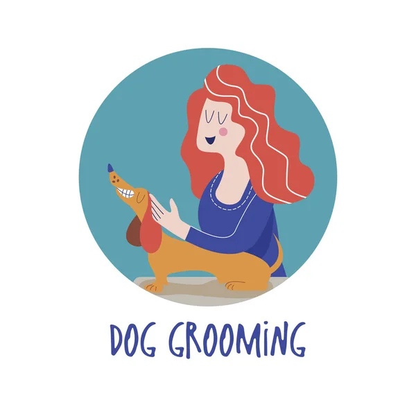 Cute Dog Groomer Salon Woman Caring Dog Dog Grooming Concept — Stock Vector