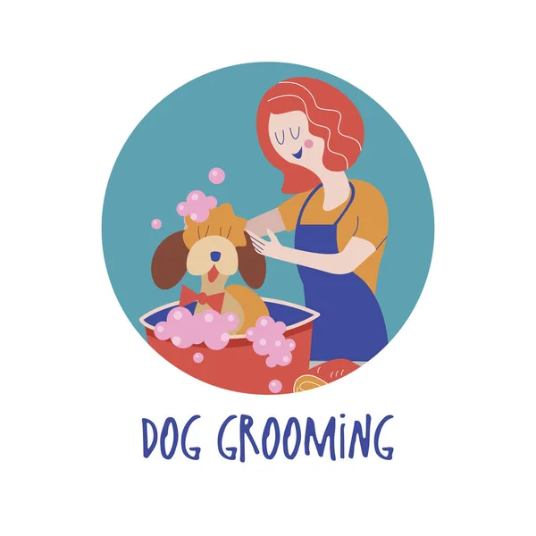 Cute dog at groomer salon.Woman washes dog. Dog grooming concept. Hand drawn vector illustration. Vector illustration for pet hair salon, styling and grooming shop, pet store for dogs and cats