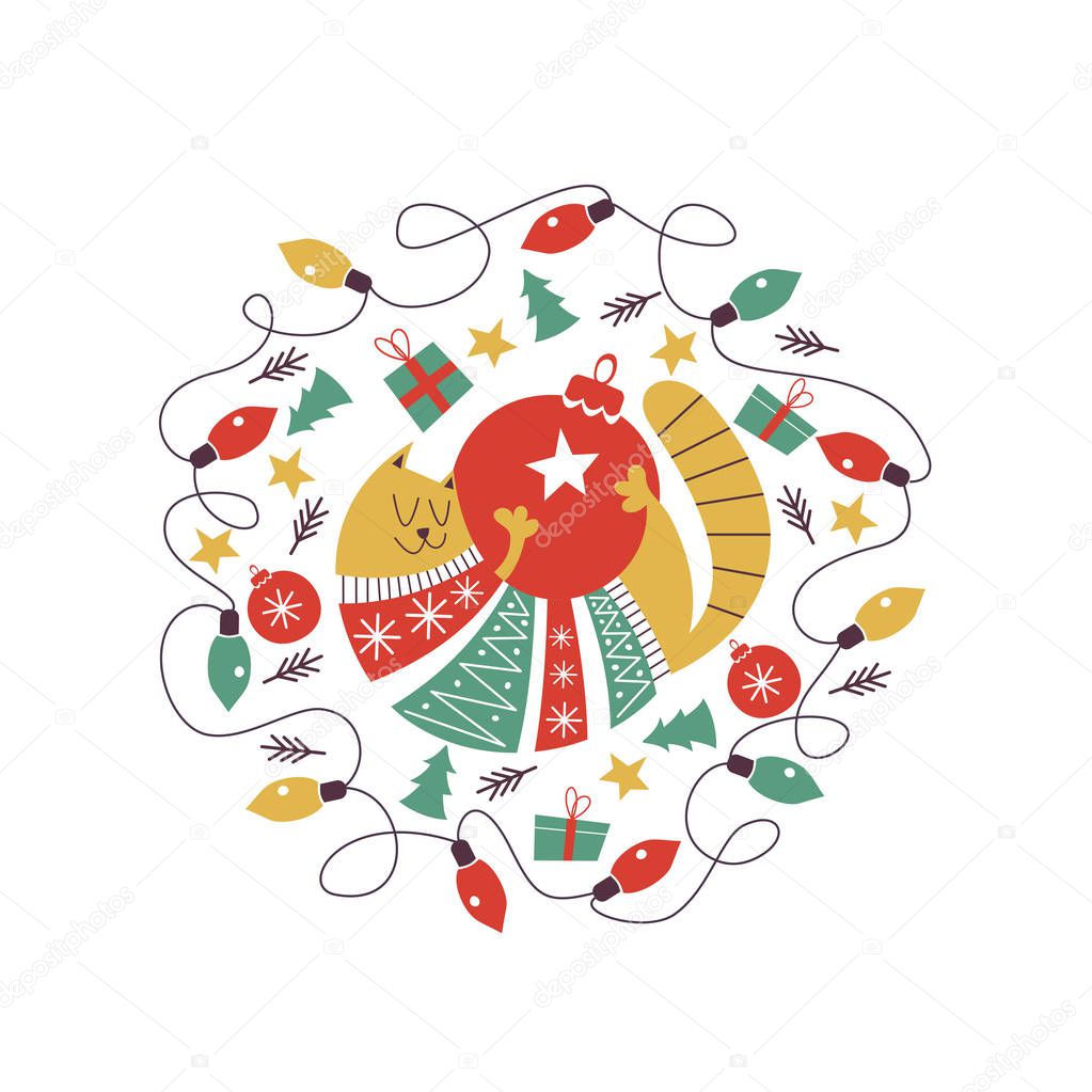 Cute fat cat in a colorful knitted sweater. Christmas composition in the form of a circle. Cat and Christmas decorations, Christmas garland of colorful bulbs. The illustration will look good on postcards and mugs.