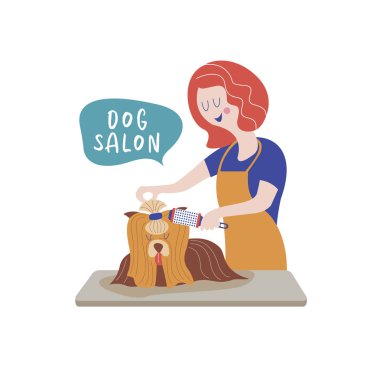 Sevimli köpek damat salonu. Kadın tarak köpek. Köpek damat kavramı. El vektör çizim çekilmiş. Vektör çizim styling ve Dükkanı, evde beslenen hayvan stok köpek ve kedi için bakım evde beslenen hayvan Kuaför Salonu için.