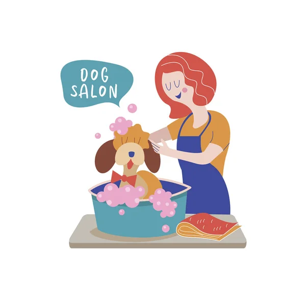 Cute Dog Groomer Salon Woman Washes Dog Dog Grooming Concept — Stock Vector