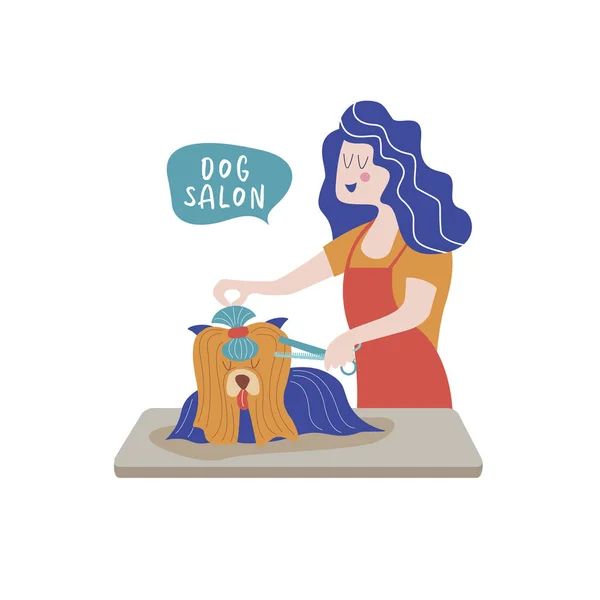 Cute Dog Groomer Salon Woman Makes Haircut Dog Dog Grooming — Stock Vector