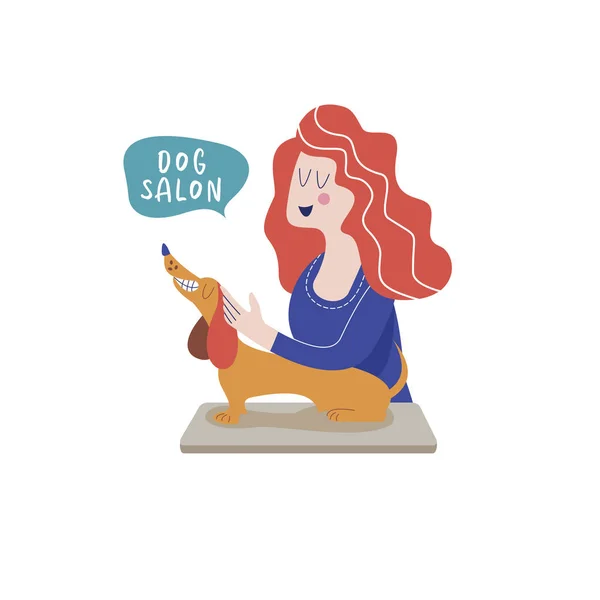 Cute Dog Groomer Salon Woman Caring Dog Dog Grooming Concept — Stock Vector