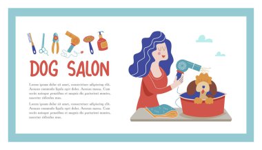 Sevimli köpek damat salonu. Vektör çizim styling ve Dükkanı, evde beslenen hayvan stok köpek ve kedi için bakım evde beslenen hayvan Kuaför Salonu için. 