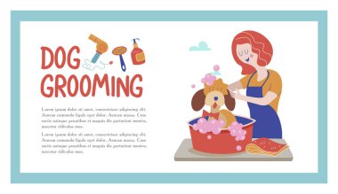 Sevimli köpek damat salonu. Vektör çizim styling ve Dükkanı, evde beslenen hayvan stok köpek ve kedi için bakım evde beslenen hayvan Kuaför Salonu için. 