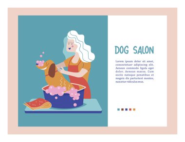 Sevimli köpek damat salonu. Vektör çizim styling ve Dükkanı, evde beslenen hayvan stok köpek ve kedi için bakım evde beslenen hayvan Kuaför Salonu için. 