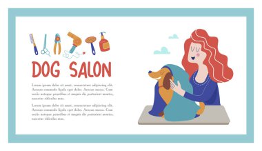 Sevimli köpek damat salonu. Vektör çizim styling ve Dükkanı, evde beslenen hayvan stok köpek ve kedi için bakım evde beslenen hayvan Kuaför Salonu için. 
