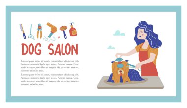 Sevimli köpek damat salonu. Vektör çizim styling ve Dükkanı, evde beslenen hayvan stok köpek ve kedi için bakım evde beslenen hayvan Kuaför Salonu için. 
