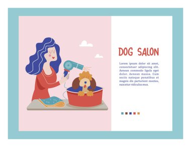 Sevimli köpek damat salonu. Vektör çizim styling ve Dükkanı, evde beslenen hayvan stok köpek ve kedi için bakım evde beslenen hayvan Kuaför Salonu için. 