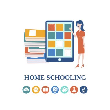 Evde eğitim kavramı. Ev ofis. Öğretmen bir tablet kullanarak çevrimiçi öğretir. Eğitim arması. Vektör çizim.