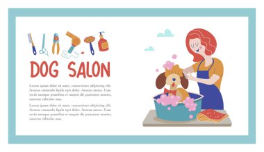 Sevimli köpek damat salonu. Vektör çizim styling ve Dükkanı, evde beslenen hayvan stok köpek ve kedi için bakım evde beslenen hayvan Kuaför Salonu için. 