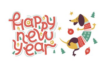 Mutlu yeni yıl tebrik kartı. Yazıt çizilmiş. Neşeli Dachshund sıcak örme kazak içinde. Noel süslemeleri ve Noel ağaçları. Vektör çizim.