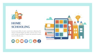 The concept of homeschooling. Home office. Textbooks, books, pencils, tablet on the table. Emblem of education. Vector illustration. Landing page template. clipart