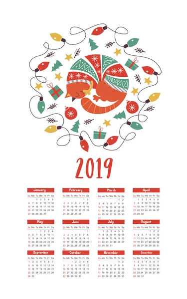 Plantilla Calendario Vectorial 2019 Lindo Gato Gordo Suéter Punto Juguetes — Archivo Imágenes Vectoriales