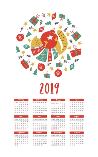 Plantilla Calendario Vectorial 2019 Lindo Gato Gordo Suéter Punto Juguetes — Archivo Imágenes Vectoriales