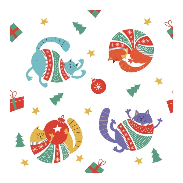 Zauberhafte Weihnachtskatzen Warmen Pullovern Handgezeichnete Figuren Weihnachtsschmuck Und Weihnachtsbäume Nahtloses — Stockvektor