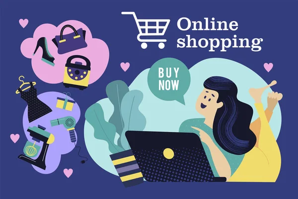 Web Mağaza flyer şablonu. Modern tasarım konsepti düz web sayfaları Web sitesi ve mobil web sitesi. Online mağazada alışveriş bir bilgisayar olan kız. Vektör çizim.