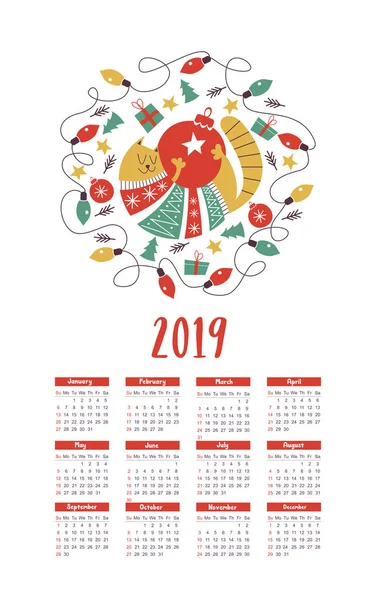 Plantilla Calendario Vectorial 2019 Lindo Gato Gordo Suéter Punto Juguetes — Archivo Imágenes Vectoriales