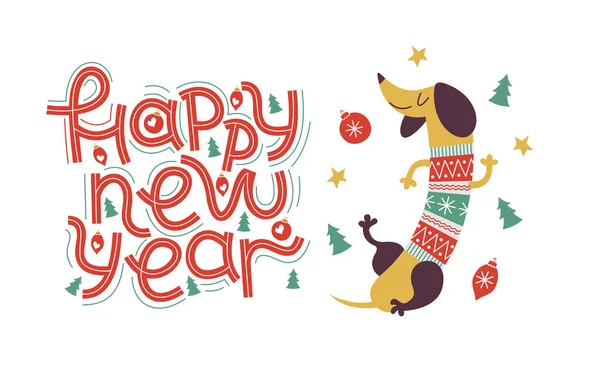Happy New Year Greeting Card Hand Drawn Inscription Cheerful Dachshund — Stock Vector