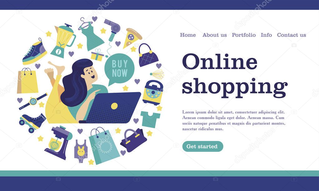 Web store landing page template. Modern flat web page design concept for website and mobile website. Girl with a computer shopping in the online store. Vector illustration.