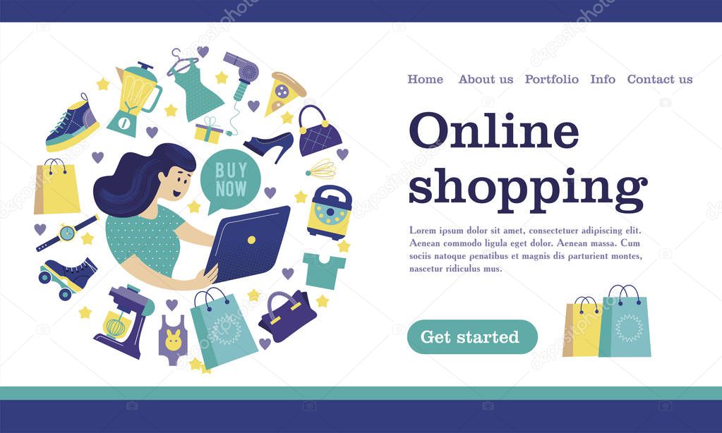 Web store landing page template. Modern flat web page design concept for website and mobile website. Girl with a computer shopping in the online store. Vector illustration.