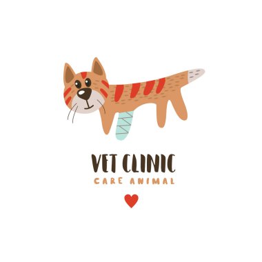 Ağrıyan bir pençe ile komik şirin yavru kedi. Hayvan hastalıklarıyla ilgili kaygı. Logo, vektör çizim için Veteriner Kliniği.